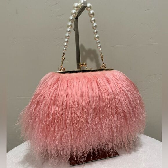 Pink Real Mongolian Lamb Fur Handmade Kisslock Wristlet/Shoulder Bag/Crossbody - Picture 6 of 16